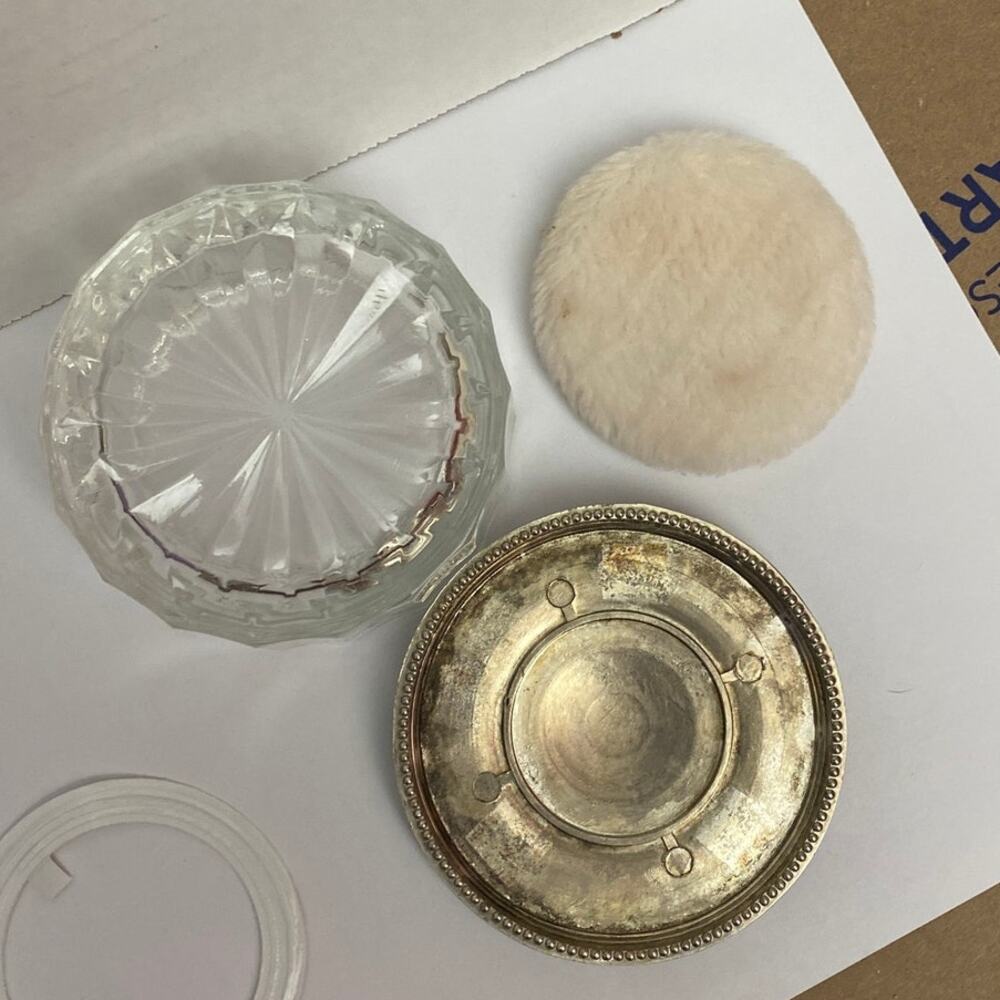 Vintage Pressed Powder Box Jar With Ornate Silverplate Lid- with puff Victorian - Picture 6 of 11